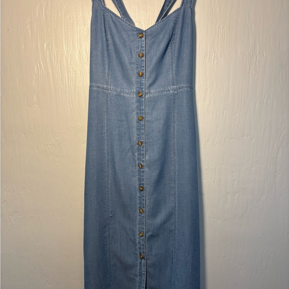 LOFT Light Blue Denim Dress double straps crossed back flattering fit